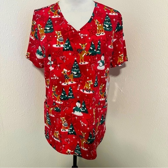Rudolph the Red Nose Reindeer Tops - Rudolph Christmas Women’s V-Neck Medium 2 Pockets Multi Colored Scrub Top NWT